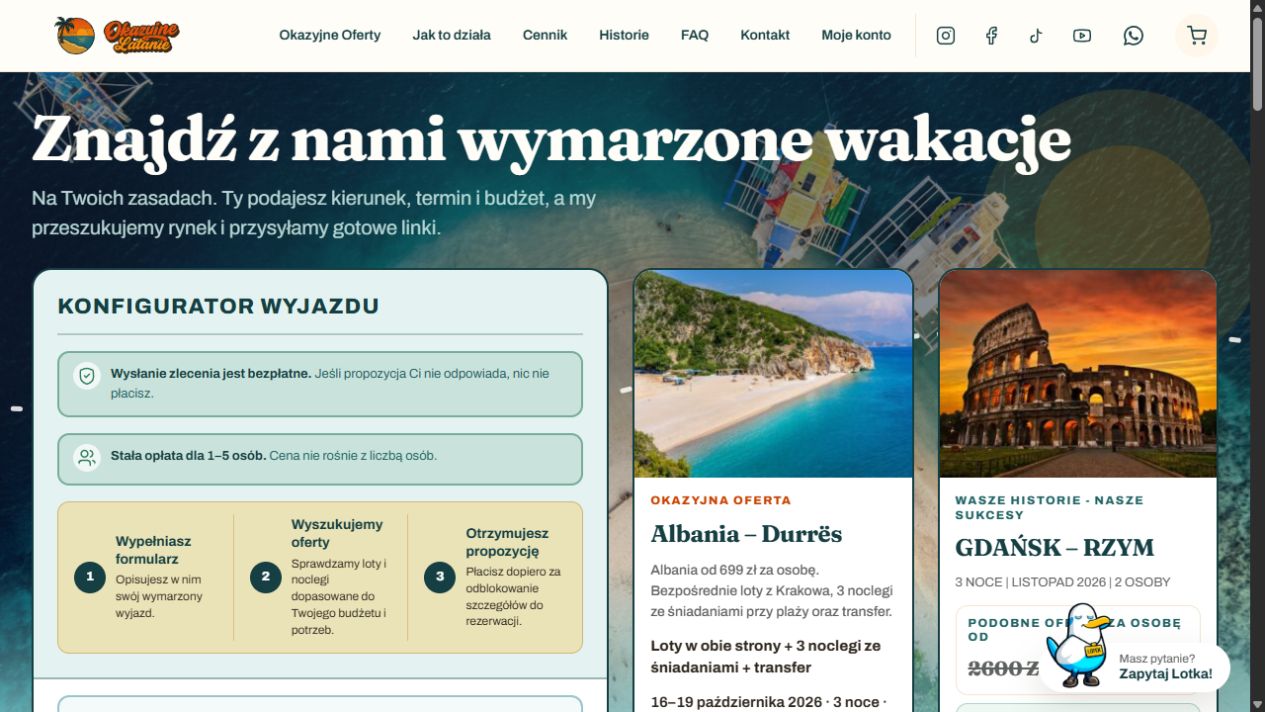 Aktualna strona Okazyjne Latanie na komputerze: konfigurator wyjazdu i gotowe oferty