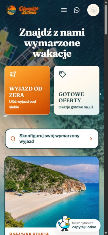 Aktualna mobilna strona Okazyjne Latanie: wybór własnego wyjazdu lub gotowej oferty
