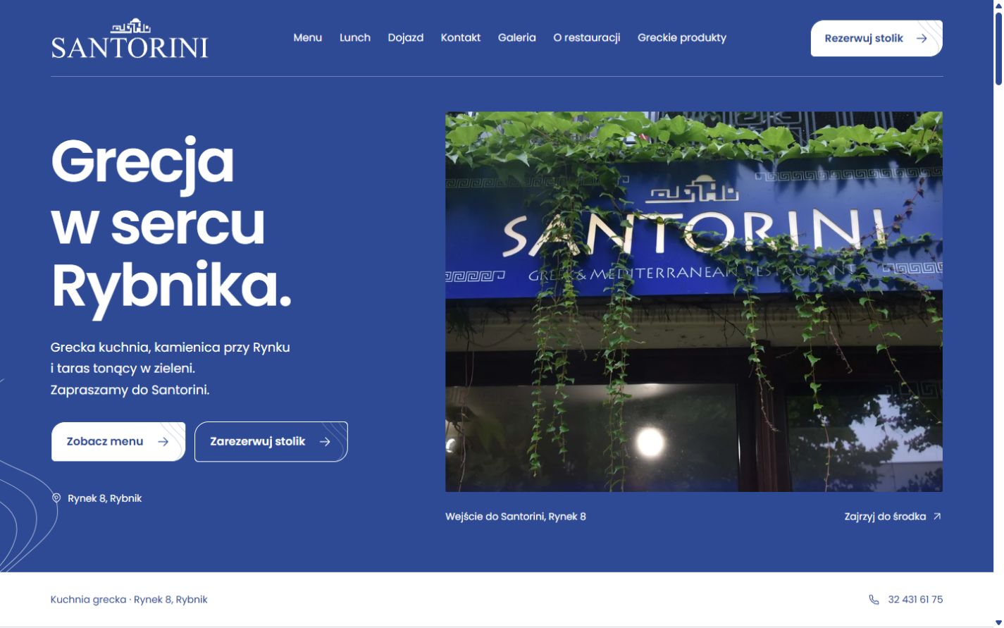 Strona Santorini Rybnik na komputerze: grecka restauracja, menu i rezerwacja stolika