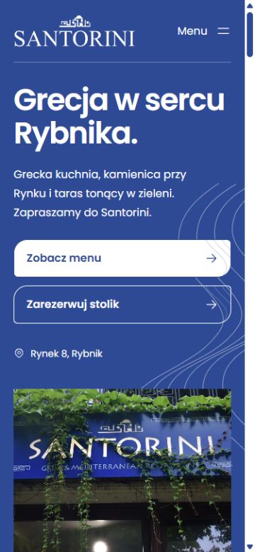 Mobilna strona Santorini Rybnik: menu, rezerwacja stolika i zdjęcie wejścia do restauracji